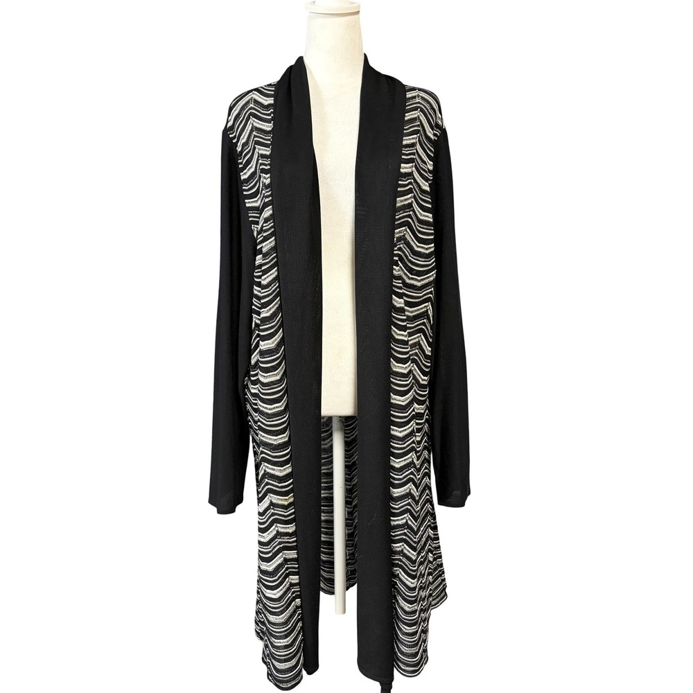 Misook Womens 2X Black Striped Open Front Longline Shawl Collar‎ Cardigan